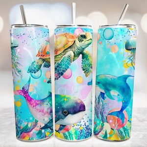 Unter dem Meer Tumbler Wrap, Delphin Tumbler Designs, blaues Glitter Sublimationsdesign, Schildkröte Tumble Png Vorlage, Skinny 20 Unzen Tumbler Wrap