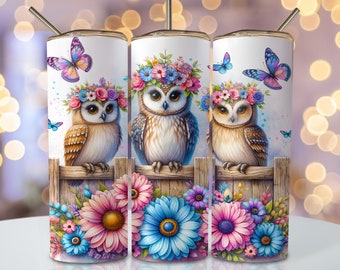 Watercolor Owl Tumbler Wrap, 20oz Skinny Sublimation Tumbler Design, Owl Sublimation Design Png, Seamless Floral Tumbler Png Downloads