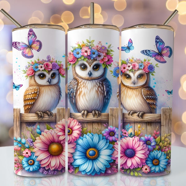 Watercolor Owl Tumbler Wrap, 20oz Skinny Sublimation Tumbler Design, Owl Sublimation Design Png, Seamless Floral Tumbler Png Downloads