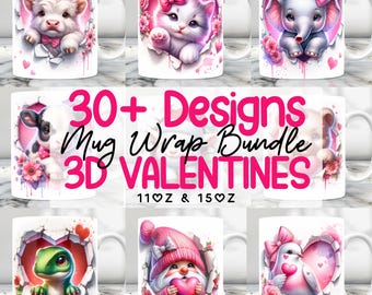 3D Valentines Mug Bundle Png, 11oz Mug And 15oz Mug Wrap, Mug Sublimation Bundle, Valentines Day Mug Wrap Bundle Png, Mug Design PNG Bundle