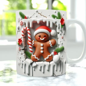 May include: White ceramic mug with a gingerbread man design. The gingerbread man is wearing a red hat and holding a candy cane. The mug has a white handle and a cracked ice design.