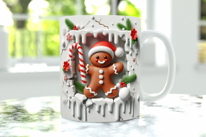 May include: White ceramic mug with a gingerbread man design. The gingerbread man is wearing a red hat and holding a candy cane. The mug has a white handle and a cracked ice design.