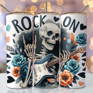 Rock On Tumbler Wrap Design, 20oz Skinny Sublimation Tumbler Design, Rock Skeleton Sublimation Design Download, Floral Guitar Tumbler Png