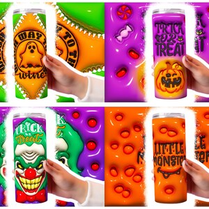 May include: Four different Halloween-themed tumblers with various designs. The tumblers are all white with a black outline and feature different Halloween-themed designs. The designs include a ghost, a pumpkin, a clown, and a monster. The tumblers are all surrounded by a colorful background.
