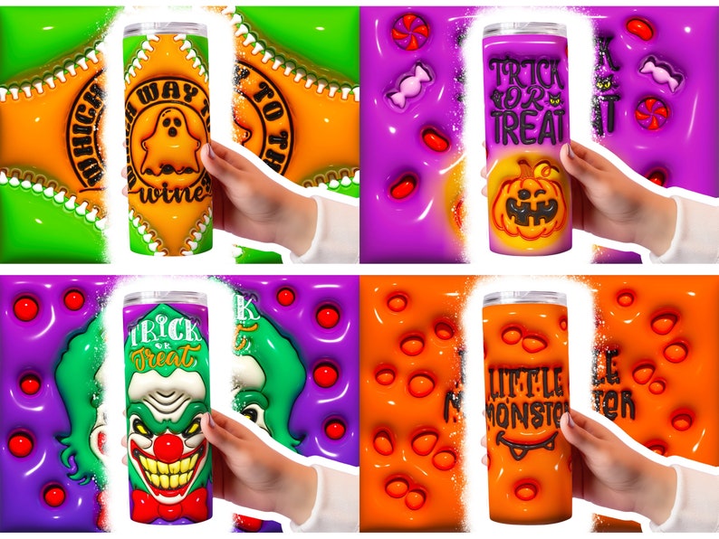 May include: Four different Halloween-themed tumblers with various designs. The tumblers are all white with a black outline and feature different Halloween-themed designs. The designs include a ghost, a pumpkin, a clown, and a monster. The tumblers are all surrounded by a colorful background.