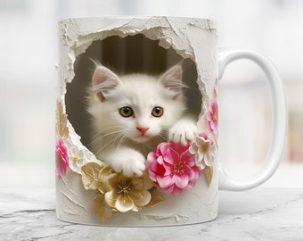Involucro tazza gattino 3D, foro 3D in una tazza a muro Png, tazza da 11 once e involucro tazza da 15 once, design png tazza di caffè, sublimazione tazza gatto 3D, design stampa tazza