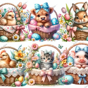 May include: Six Easter baskets filled with colorful flowers and eggs. Each basket contains a different animal: a chick, a bear, a bunny, a chick, a cat, and a pig. The animals are all wearing blue bows.