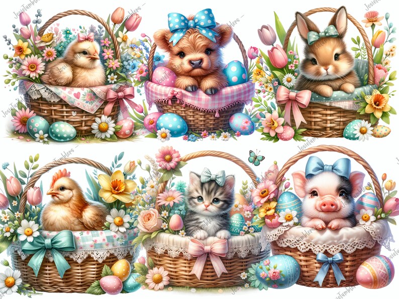 May include: Six Easter baskets filled with colorful flowers and eggs. Each basket contains a different animal: a chick, a bear, a bunny, a chick, a cat, and a pig. The animals are all wearing blue bows.