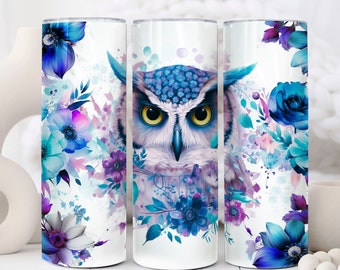 Uil Tumbler Wrap Png, Sublimatie Design Png Floral Owl, 20 Oz Skinny Tumbler Design Naadloos, Blauwe Tumbler Paarse Bloem Sjabloon Tumblers