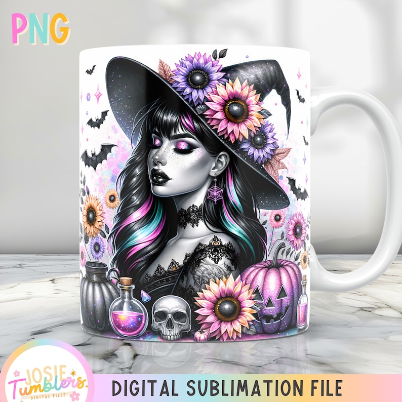 May include: A white ceramic mug with a sublimation design featuring a witch with long black hair, wearing a black hat with purple and pink flowers. The witch is holding a pumpkin and a skull. The background is a light blue with white stars and bats.
