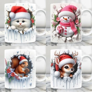 Puede incluir: Conjunto de cuatro tazas de cer&aacute;mica blanca con dise&ntilde;os de tem&aacute;tica navide&ntilde;a de invierno. Cada taza presenta un animal diferente con un gorro de Pap&aacute; Noel: un gato, un mu&ntilde;eco de nieve, una ardilla y un ciervo. Las tazas tienen un fondo blanco con un dise&ntilde;o de hielo agrietado.