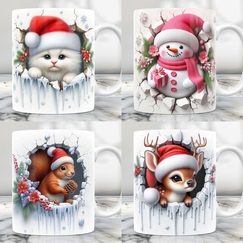 Puede incluir: Conjunto de cuatro tazas de cer&aacute;mica blanca con dise&ntilde;os de tem&aacute;tica navide&ntilde;a de invierno. Cada taza presenta un animal diferente con un gorro de Pap&aacute; Noel: un gato, un mu&ntilde;eco de nieve, una ardilla y un ciervo. Las tazas tienen un fondo blanco con un dise&ntilde;o de hielo agrietado.