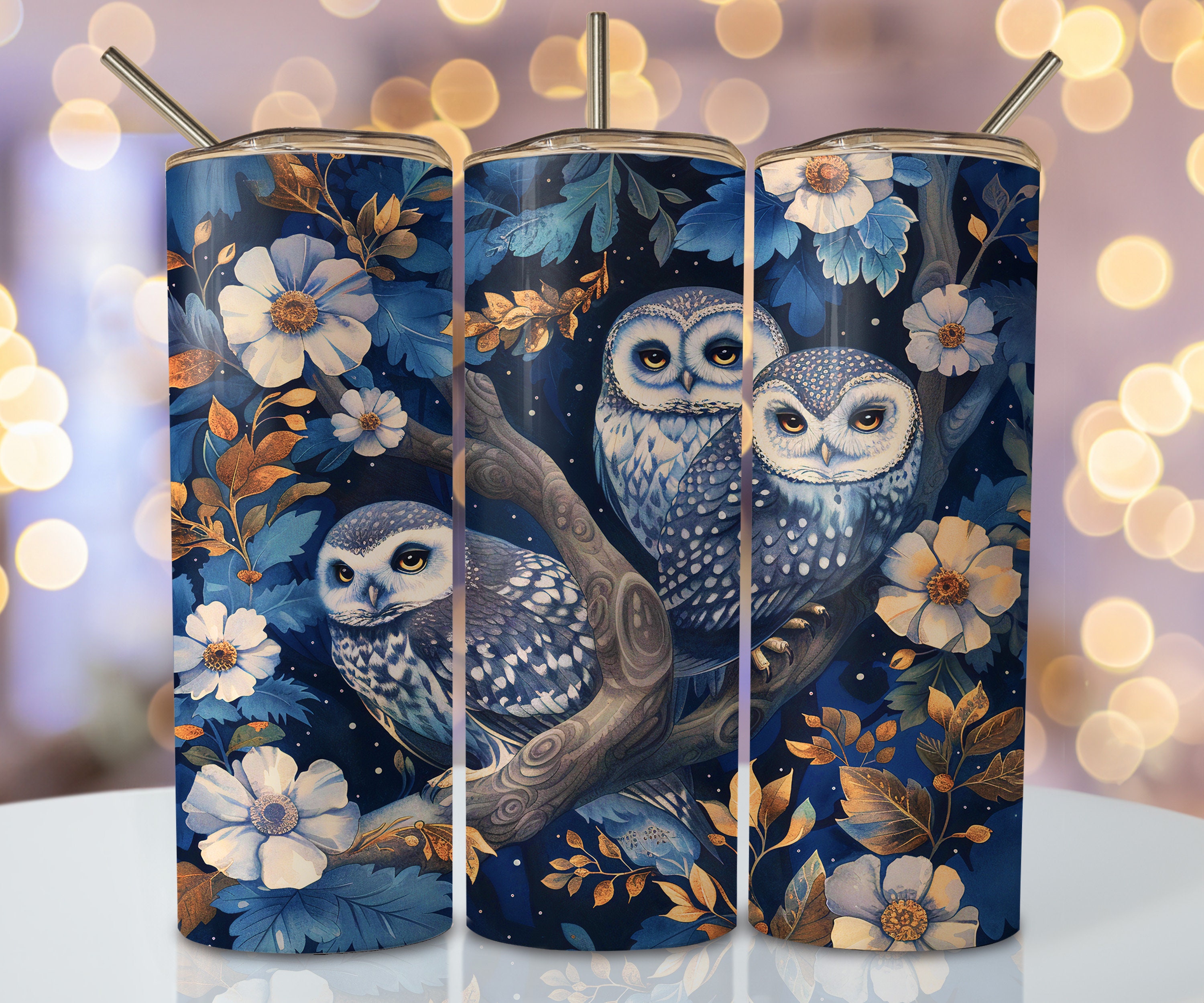 Floral Owl Tumbler Wrap, 20oz Skinny Sublimation Tumbler Design, Watercolor Owl Sublimation Design P