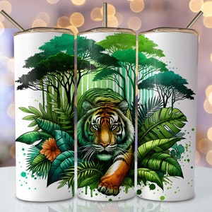 Watercolor Tiger Tumbler Wrap, 20oz Skinny Sublimation Tumbler Design, Tiger Sublimation Design Png, Green Jungle Tumbler Png Downloads