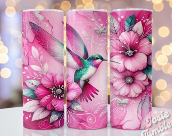 Pink Hummingbird Tumbler Wrap, 20oz Skinny Sublimation Tumbler Designs, Hummingbird Sublimation Tumbler Design, Pink Tumbler Png Download