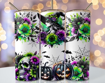 Envoltura para vaso de bruja de Halloween, diseño de vaso de sublimación delgado de 20 oz, diseño de sublimación espeluznante PNG, descarga de vaso de Halloween vibrante PNG