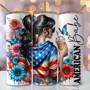 4th Of July Tumbler Wrap, 20oz Skinny Sublimation Tumbler Design, American Sublimation Design, Floral USA Patriotic Tumbler Png Download