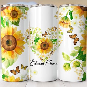 Sonnenblume Tumbler Wrap Mama, Muttertag Sublimationsbecher Designs, Mama Sonnenblumen Tumbler Png, gesegnete Mama Tumbler, 20 Unze Skinny Wrap