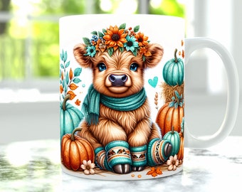 Highland Cow Mug Wrap, Fall Mug Png, 11oz Mug And 15oz Mug Wrap, Cup Png Design, Pumpkin Mug Sublimation, Mug Press Png, October Mug Design