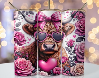 Valentine Highland Cow Tumbler Wrap, 20oz Skinny Sublimation Tumbler Design, Highland Cow Sublimation Design, Valentine Tumbler Png Download