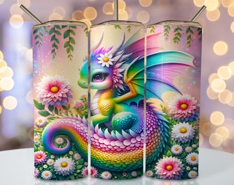Fantasy draken beker wrap, 20oz mager sublimatie beker ontwerp, regenboog draak sublimatie ontwerp, bloemen fantasie beker png-downloads