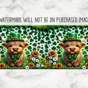 May include: Two Highland cows wearing green shamrock hats and green bow ties are standing in a field of green shamrocks and yellow sunflowers. The background is a green and white shamrock pattern with green dripping paint.