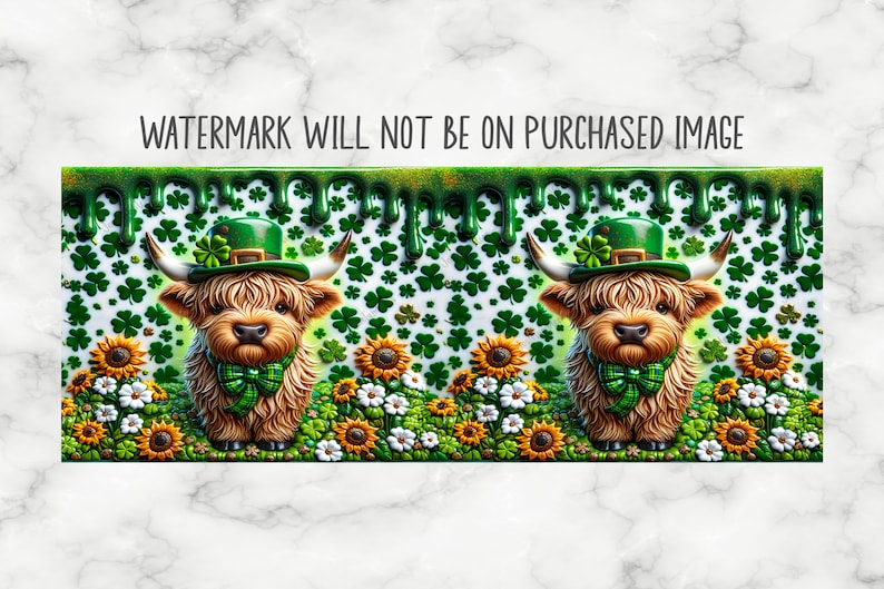 May include: Two Highland cows wearing green shamrock hats and green bow ties are standing in a field of green shamrocks and yellow sunflowers. The background is a green and white shamrock pattern with green dripping paint.
