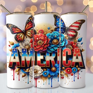America Tumbler Wrap, 20oz Skinny Sublimation Tumbler Design, 4th Of July Sublimation Design, Floral USA Patriotic Tumbler Png Download