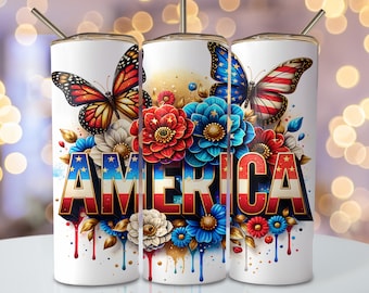 Envoltura de vaso de América, diseño de vaso de sublimación flaco de 20 oz, diseño de sublimación del 4 de julio, vaso patriótico floral de EE. UU. Descargar png