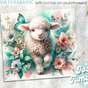 May include: A white lamb with curly fur stands in a field of pink and blue flowers. The lamb is looking at the camera and has a sweet expression on its face. There is a butterfly flying above the lamb.