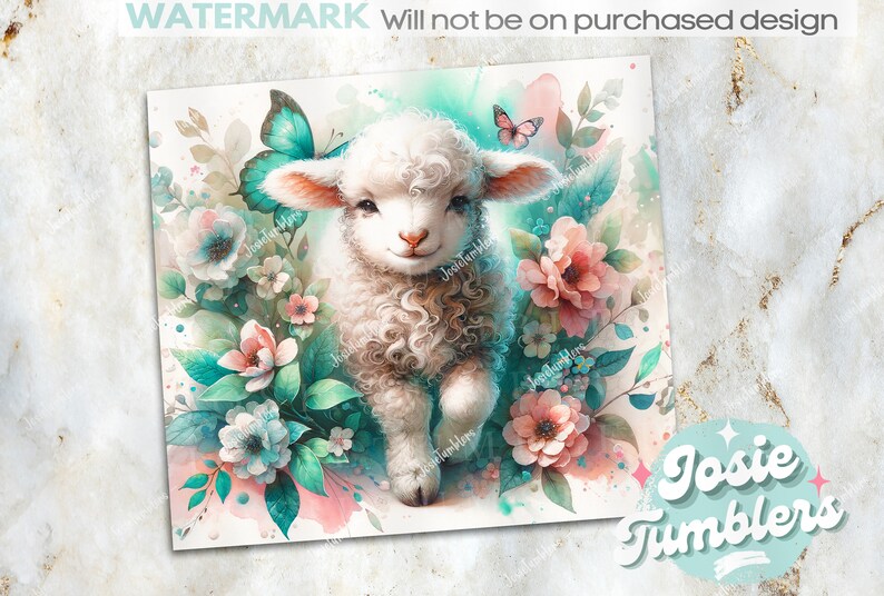 May include: A white lamb with curly fur stands in a field of pink and blue flowers. The lamb is looking at the camera and has a sweet expression on its face. There is a butterfly flying above the lamb.