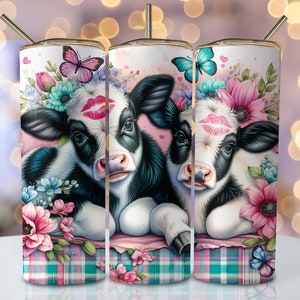 Cow Kisses Tumbler Wrap, 20oz Skinny Sublimation Tumbler Design, Butterfly Cows Sublimation Design, Seamless Floral Cow Tumbler Png Download