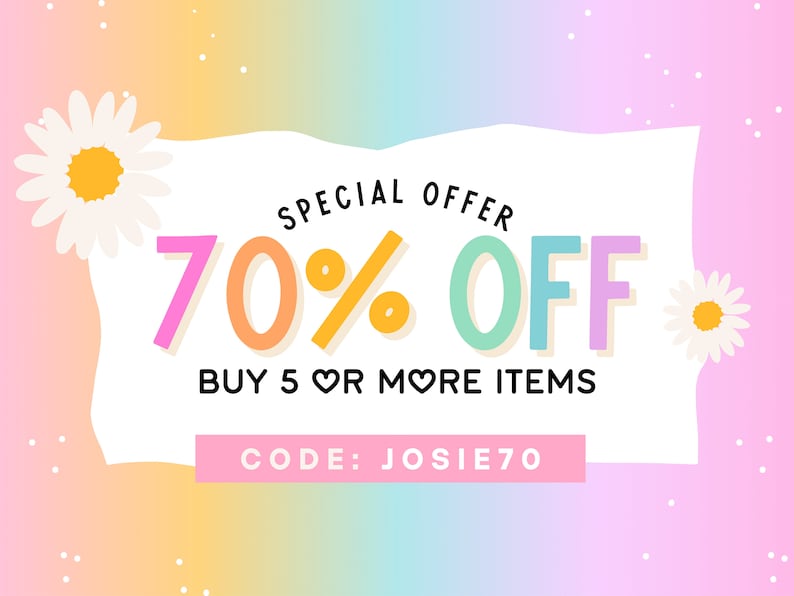 May include: A colorful promotional graphic with a pastel gradient background. The text "SPECIAL OFFER 70% OFF" is displayed prominently, along with "BUY 5 OR MORE ITEMS" and the code "JOSIE70". Daisy illustrations and white dots add decorative elements.