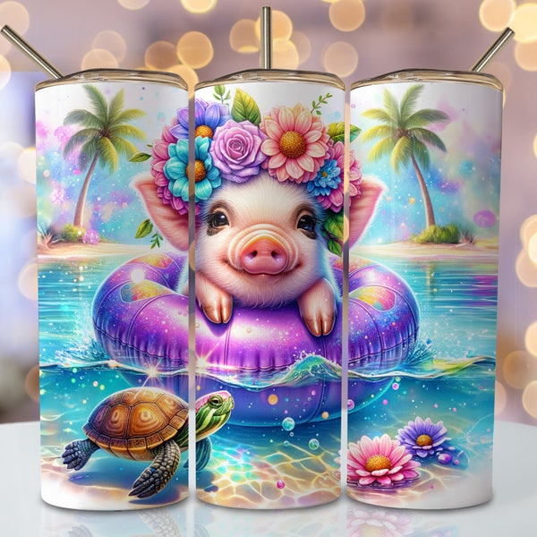 Summer Pig Tumbler Wrap, 20oz Skinny Sublimation Tumbler Design, Summer Sublimation Design, Watercolor Beach Turtle Tumbler PNG Downloads