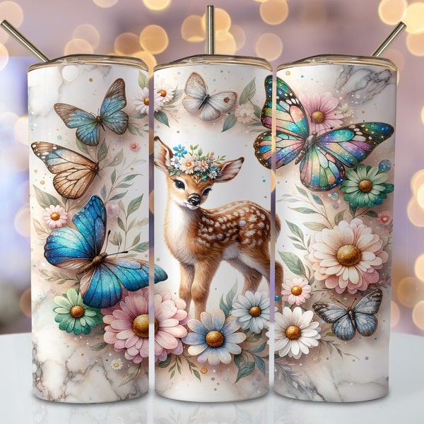 Floral Rehkitz Tumbler Wrap, 20 Unzen Skinny Sublimationsbecher Design, Baby Rehkitz Sublimation Design Png, Schmetterling Marmor Tumbler Sublimation PNG