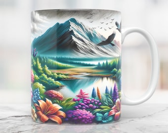 Scenery Mug Wrap, Cute Kitten Mug Png, 11oz Mug And 15oz Mug Wrap, Cup Png Design, Floral Watercolor Mug Sublimation, Mug Press Png
