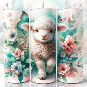 May include: A white lamb with a fluffy coat stands in a field of pastel pink and blue flowers. The lamb has a sweet expression and is surrounded by green leaves. The background is a soft watercolor wash of blue and pink.