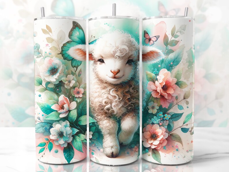 May include: A white lamb with a fluffy coat stands in a field of pastel pink and blue flowers. The lamb has a sweet expression and is surrounded by green leaves. The background is a soft watercolor wash of blue and pink.