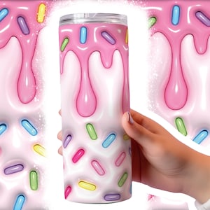 May include: A pink and white stainless steel tumbler with a pink glaze and colorful sprinkles. The tumbler is designed to look like a donut.