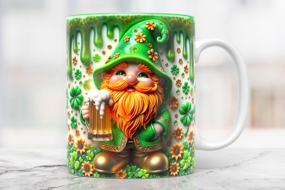 3D St Patrick Mug Wrap, 3D Gnome Mug Png, 11 oz Mug Wrap And 15 oz Mug Wrap, Coffee Cup Png Designs, St Patricks Gnome Mug Press Design Png
