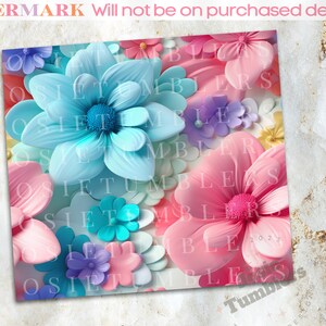 May include: A seamless pattern featuring a variety of colorful paper flowers in shades of pink, blue, purple, and teal. The flowers are arranged in a random pattern and overlap each other.