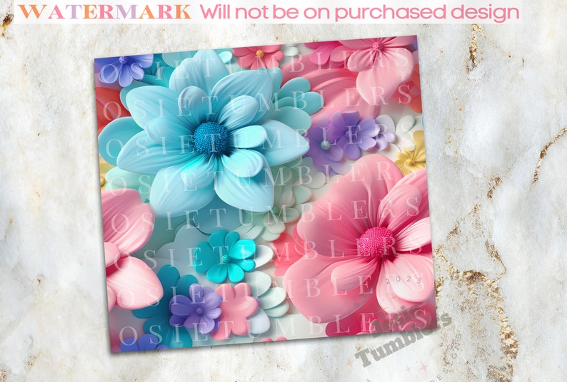 May include: A seamless pattern featuring a variety of colorful paper flowers in shades of pink, blue, purple, and teal. The flowers are arranged in a random pattern and overlap each other.