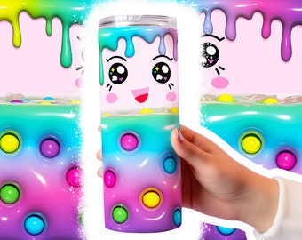 May include: A colorful tumbler with a cartoon face design. The tumbler features a gradient of pink, blue, and purple with colorful bubble accents. The design includes a smiling face with large eyes and a pink background.