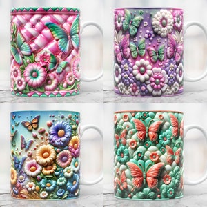 May include: Four ceramic mugs with different floral and butterfly designs. Each mug features a unique color scheme and intricate details, including 3D flowers and butterflies.