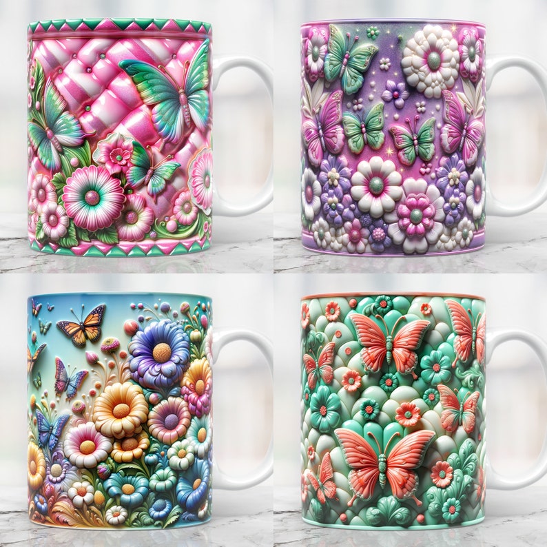 May include: Four ceramic mugs with different floral and butterfly designs. Each mug features a unique color scheme and intricate details, including 3D flowers and butterflies.