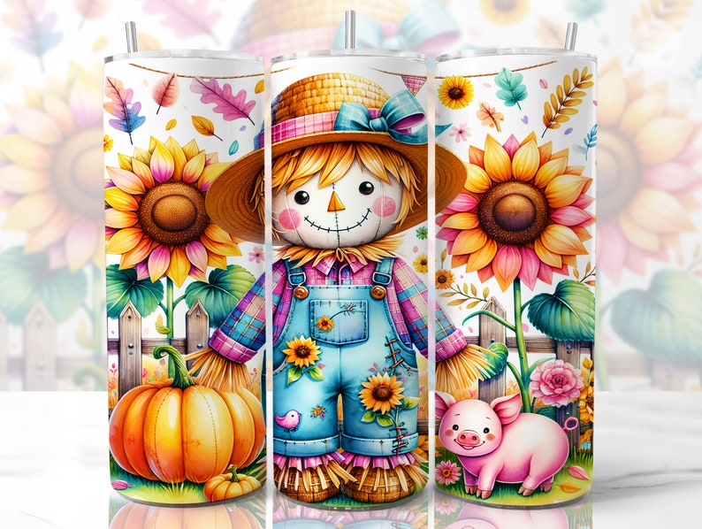 May include: A white tumbler with a watercolour design featuring a scarecrow, sunflowers, a pumpkin, and a pig. The scarecrow wears a straw hat, overalls, and a plaid shirt. The design includes autumn leaves and flowers, creating a seasonal theme.