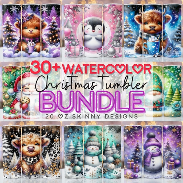 Watercolor Christmas Bundle Tumbler Wrap, 20 oz Skinny Sublimation Bundle Tumbler Png, Seamless Christmas Design Bundle Digital Download Png