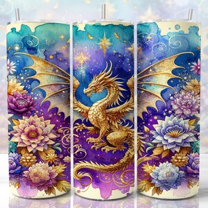 Envoltura de vaso de dragón de acuarela, diseños de vaso de sublimación flaco de 20 oz, diseño de vaso de sublimación de dragón, vaso de acuarela png Descargar imagen 7