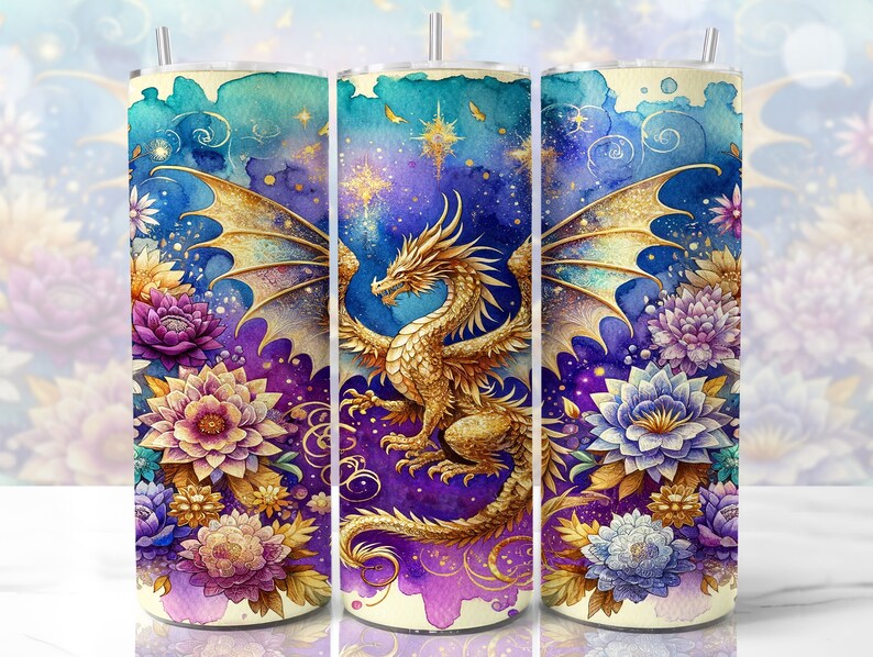 Envoltura de vaso de dragón de acuarela, diseños de vaso de sublimación flaco de 20 oz, diseño de vaso de sublimación de dragón, vaso de acuarela png Descargar imagen 7