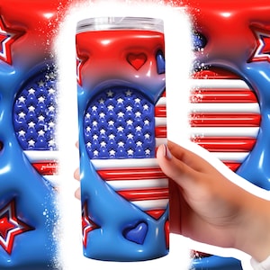 May include: A blue and red tumbler with a heart-shaped American flag design. The tumbler is surrounded by stars and hearts in red, white, and blue.